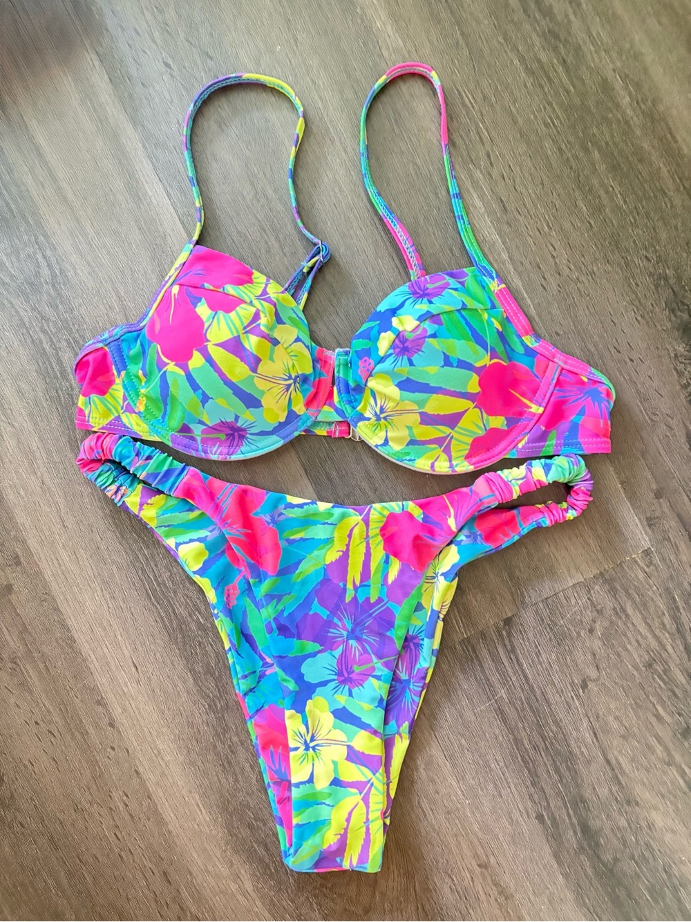 Size Small: Vibrant Tropical Floral Bikini Set - Neon Pink, Yellow, Blue